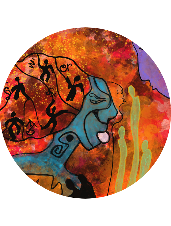 Composition artistique circulaire de Marguerite Lalèyê montrant un visage de profil bleu turquoise qui semble chanter ou projeter un souffle, lequel se transforme en une chevelure foisonnante remplie de silhouettes noires dansantes et de symboles, sur un fond de feu orangé et rougeoyant.