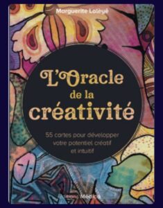Couverture de la boîte de jeu "L'Oracle de la créativité" de Marguerite Lalèyê, présentant un grand cercle noir central avec le titre en lettres dorées, sur un fond de peinture riche en textures, montrant des visages de profil colorés et des motifs floraux stylisés.