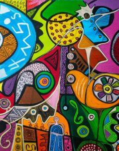 Peinture acrylique complexe de Marguerite Lalèyê présentant une multitude de symboles entrelacés : un oiseau orange stylisé, un œil bleu protecteur contenant des chiffres, des masques, des motifs géométriques et des écritures sacrées sur un fond multicolore vibrant.