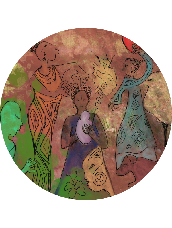 Composition artistique circulaire de Marguerite Lalèyê montrant plusieurs figures féminines stylisées entourant une femme centrale qui porte un nouveau-né, accompagnée d'un chien, d'un papillon et de visages protecteurs sur un fond ocre texturé.