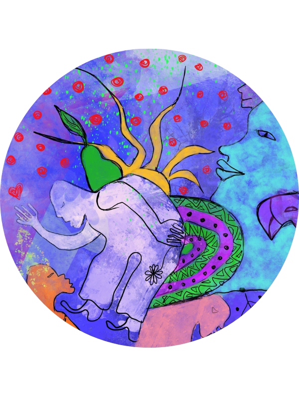 Composition artistique circulaire de Marguerite Lalèyê montrant une figure centrale violette courbée portant une poire verte sur son dos, se déplaçant vers un soleil rayonnant et un visage bleu protecteur sur un fond parsemé de points rouges.