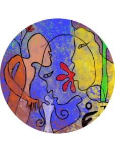 Composition artistique circulaire de Marguerite Lalèyê sur fond bleu moucheté, représentant plusieurs silhouettes humaines de profils (orange, jaune, bleu et blanc) qui semblent converser ou s'embrasser, accompagnées de fleurs rouges et d'une tige verte.