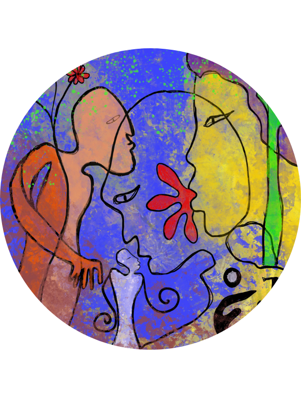 Composition artistique circulaire de Marguerite Lalèyê sur fond bleu moucheté, représentant plusieurs silhouettes humaines de profils (orange, jaune, bleu et blanc) qui semblent converser ou s'embrasser, accompagnées de fleurs rouges et d'une tige verte.