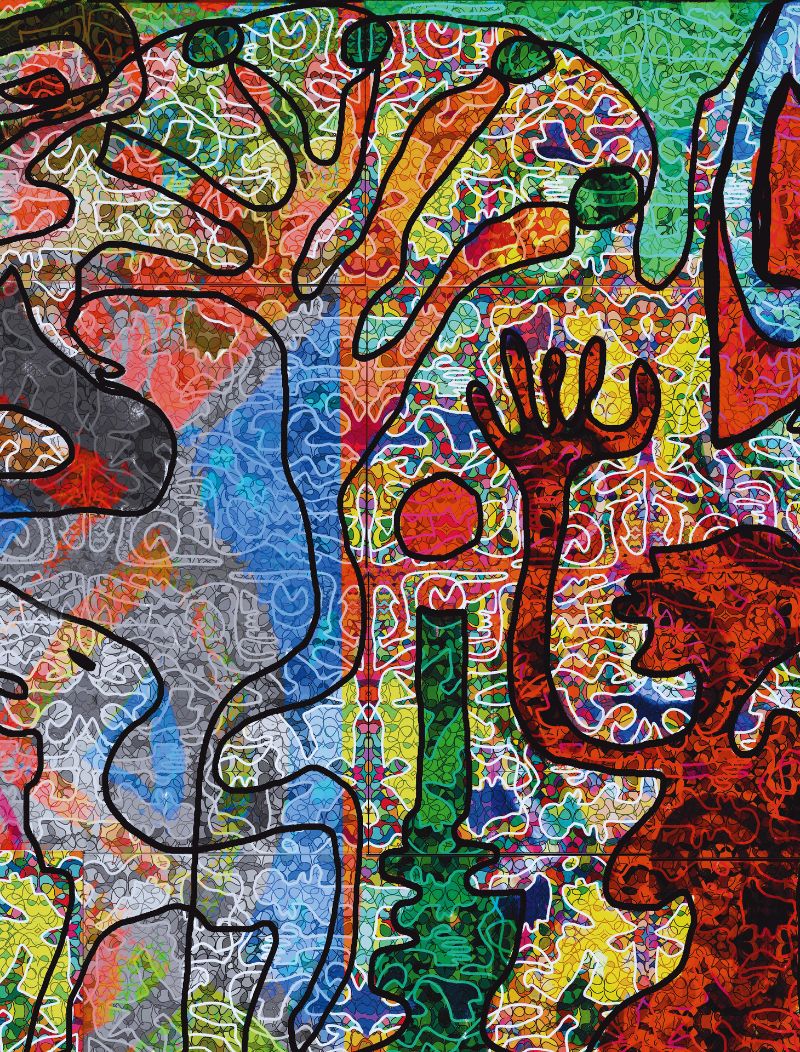 Peinture murale ou toile monumentale de Marguerite Lalèyê, présentant une composition extrêmement détaillée et colorée. On y voit des silhouettes humaines stylisées, des formes végétales et des motifs abstraits (spirales, pointillés, vagues) qui s'imbriquent sur un fond multicolore texturé de petits motifs géométriques.