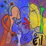 Peinture spirituelle de Daagbo Marguerite Lalèyê. Deux visages enlacés symbolisent la canalisation spirituelle et l'éveil du Soi.