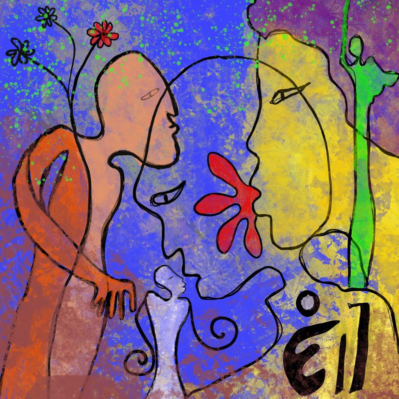 Peinture spirituelle de Daagbo Marguerite Lalèyê. Deux visages enlacés symbolisent la canalisation spirituelle et l'éveil du Soi.